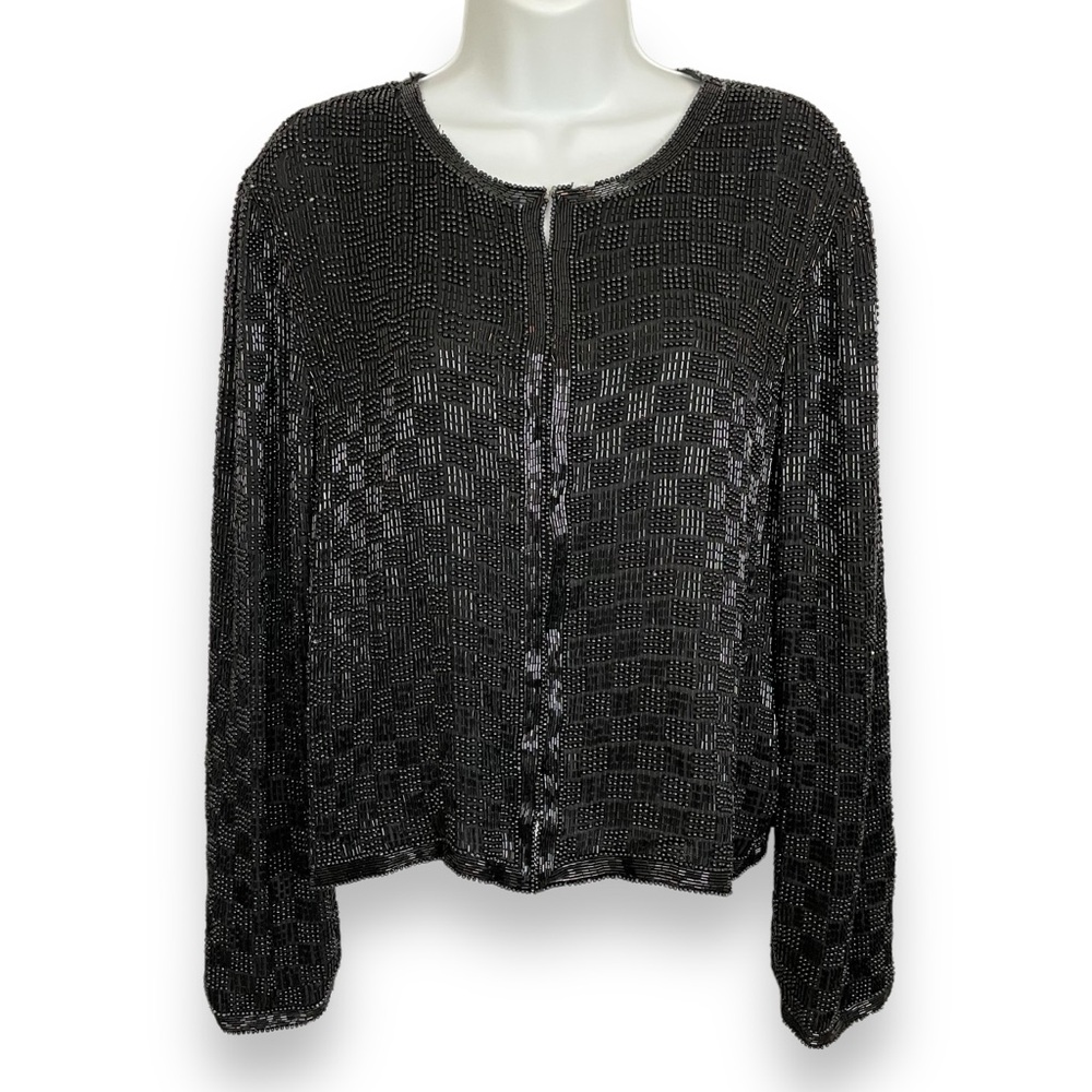 Vintage Scala Silk Beaded Jacket Formal Black Long Sleeves Large Flaws Black Tie